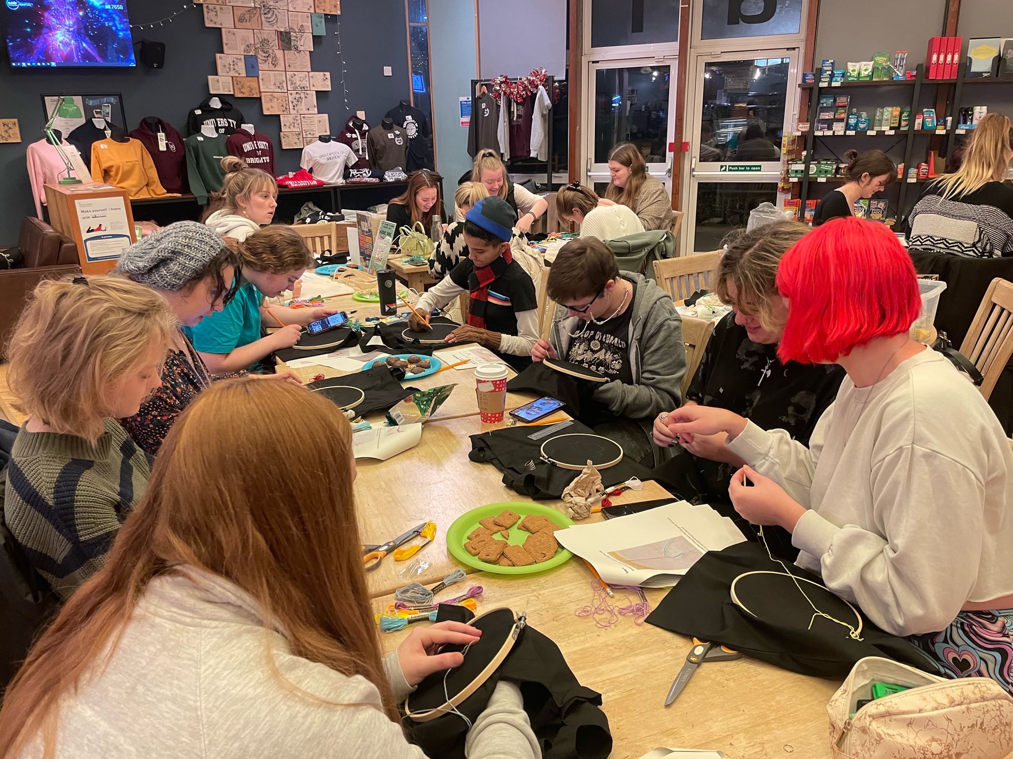 Students at an embroidery activity